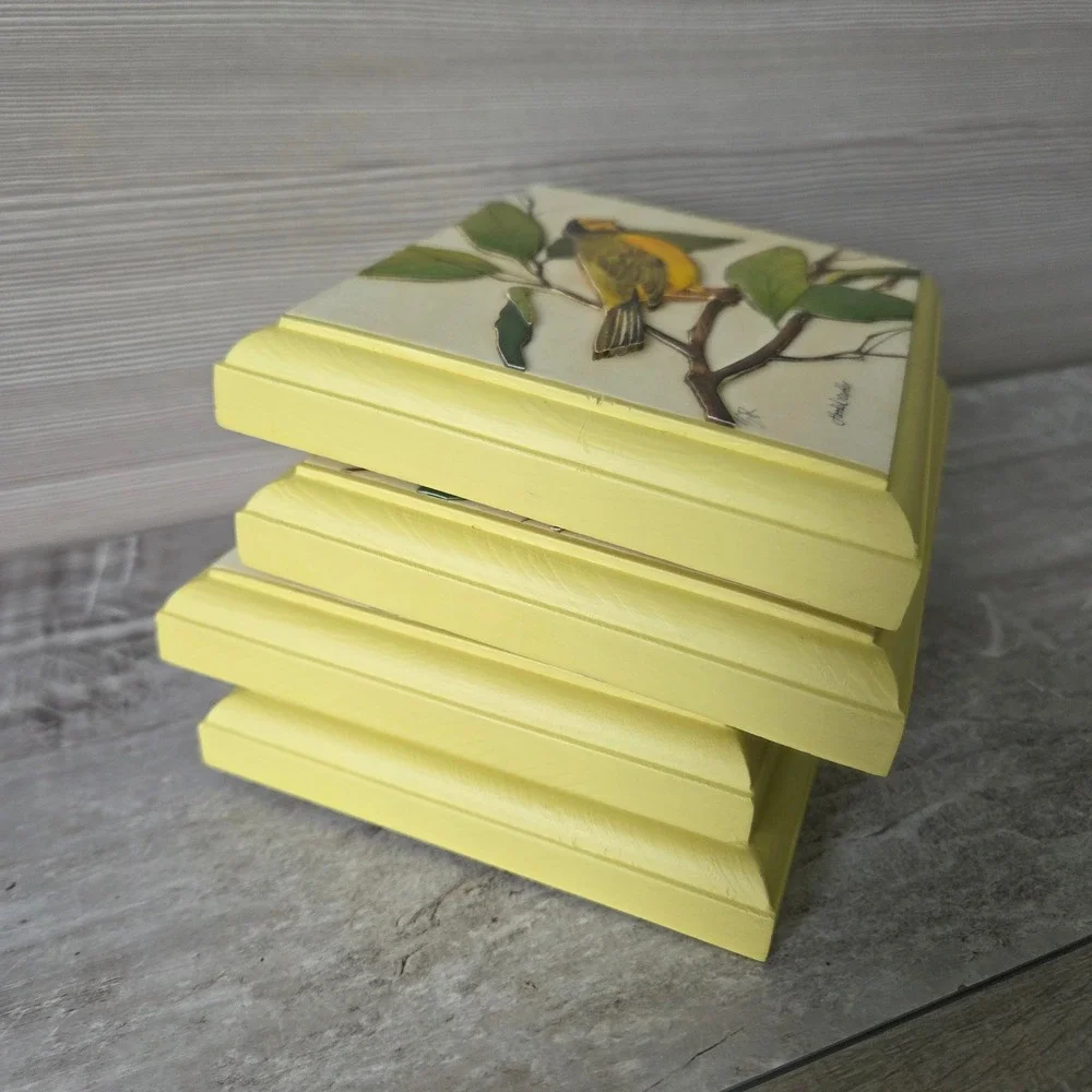 Vintage 1973 3D Paper Tole Bird Wall Art Set 4 Wood Plaques Yellow Cottagecore